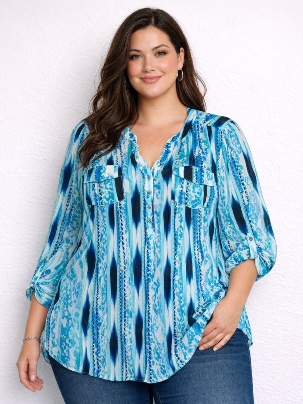 Avenue Tunic Blouse Top Blue Sheer Chiffon Roll Tab Sleeve Size 22 / 24